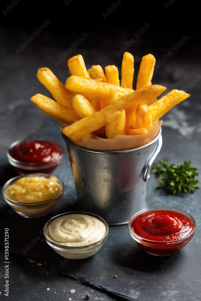 French fries served in a small metal bucket with dipping sauces around.