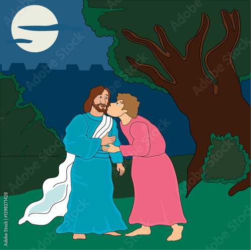 Vector illustration of the Betrayal with a Kiss, Judas Identified Jesus. The betrayal of Christ.eps