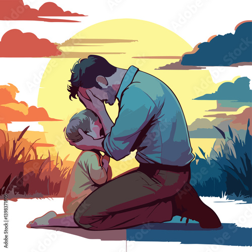 Prodigal Son Emotional Reunio...A touching illustration of the Prodigal Son, showing a father hugging his crying child in a warm sunset field. Symbol of forgiveness, love, and emotional reunion.