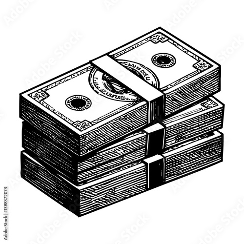 stacked paper money sketch engraving black and white outline. Scratch board imitation.  illustrated in vintage line art style on a white background.