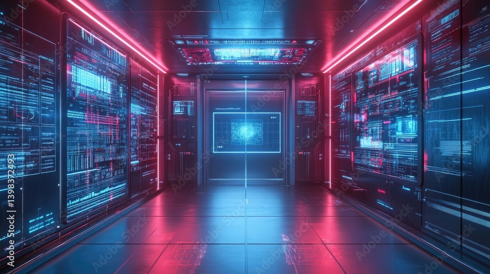 Fototapeta premium A futuristic digital data center with neon lighting and detailed interfaces