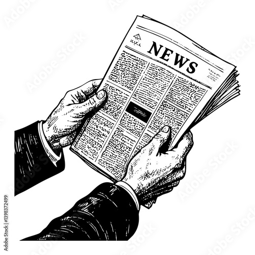 hands on open newspaper sketch engraving black and white outline. Scratch board imitation.
