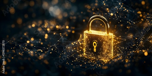 A golden padlock surrounded by glowing connections symbolizing data security on a black background