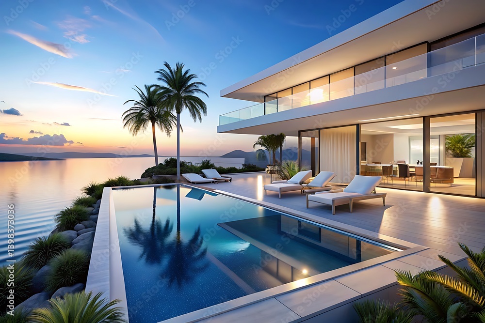 Fototapeta premium Modern villa with infinity pool, ocean view, deck chairs, and palm trees at sunset