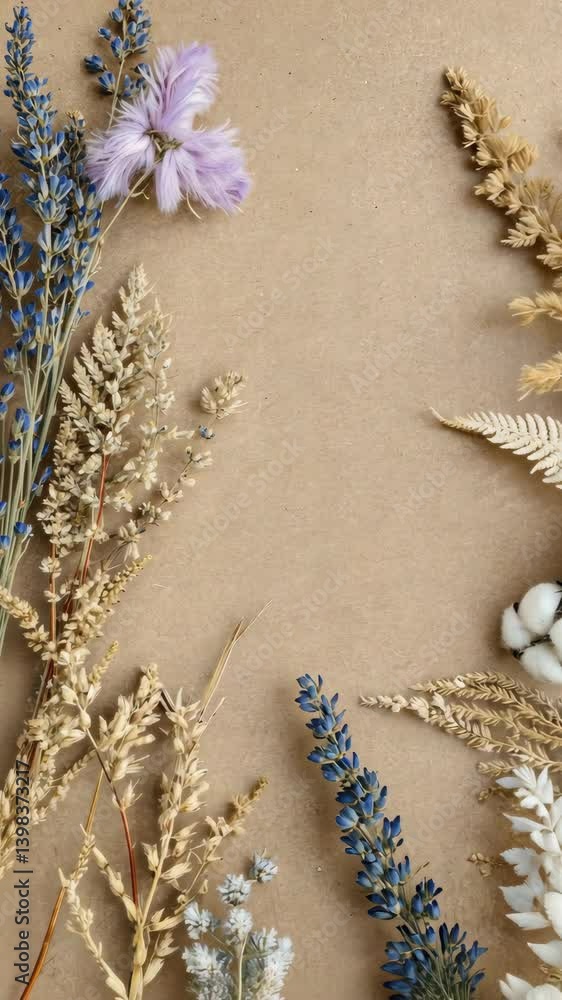 Floral arrangement with various dried flowers on a neutral background creates an empty space for text or graphic, flat lay studio shot Floral arrangement with various dried flowers on a neutral background creates an empty space for text or graphic, flat lay studio shot