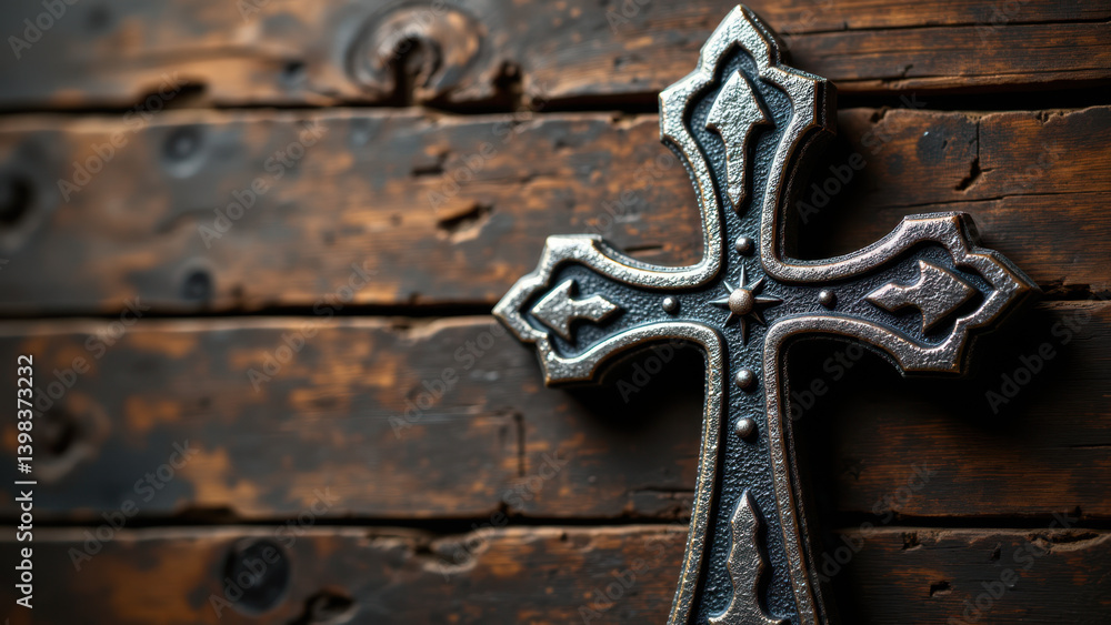 Ancient iron cross with intricate design on weathered wooden background. Ancient iron cross with intricate design on weathered wooden background.