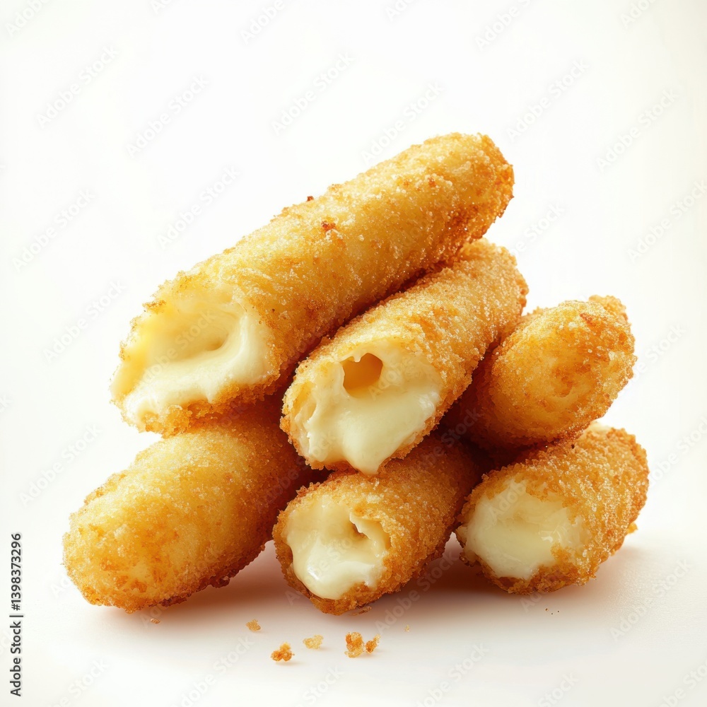 Stack of fried mozzarella sticks with creamy cheese filling shown isolated on white background Stack of fried mozzarella sticks with creamy cheese filling shown isolated on white background