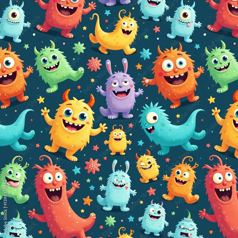 Playful and charming monster characters in a seamless repeat pattern, perfect for children's products, colorful, seamless pattern Playful and charming monster characters in a seamless repeat pattern, perfect for children's products, colorful, seamless pattern