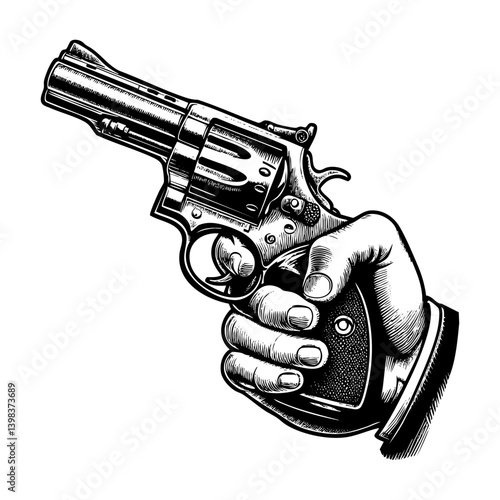 Handgun engraving black and white outline. Scratch board imitation.  illustrated in vintage line art style on a white background.
