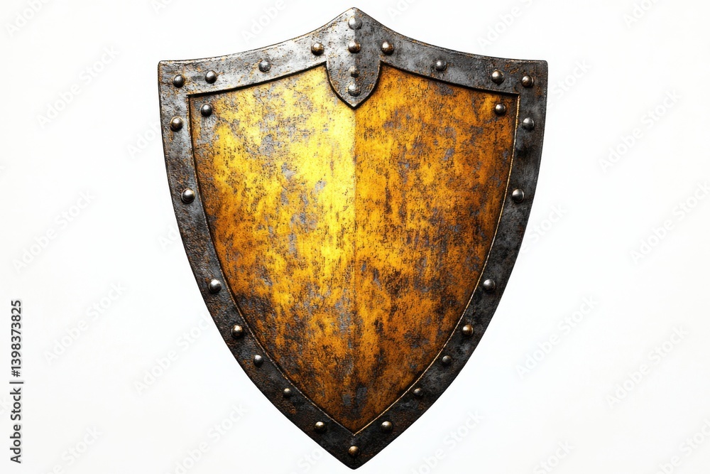 A tarnished shield with metal edging on a bright white setting isolated on white background A tarnished shield with metal edging on a bright white setting isolated on white background
