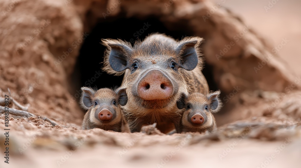 A sweet family of pigs emerges from their burrow, showcasing their cute features, soft fur, and playful expressions in a natural environment, exemplifying innocence and warmth. A sweet family of pigs emerges from their burrow, showcasing their cute features, soft fur, and playful expressions in a natural environment, exemplifying innocence and warmth.