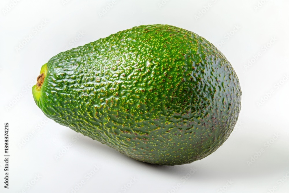 Close up view of a whole green avocado on a plain light surface isolated on white background Close up view of a whole green avocado on a plain light surface isolated on white background