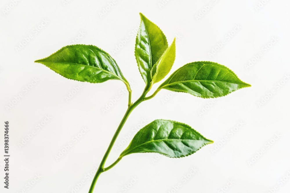 Close up of a vibrant green tea plant against a plain backdrop isolated on white background Close up of a vibrant green tea plant against a plain backdrop isolated on white background