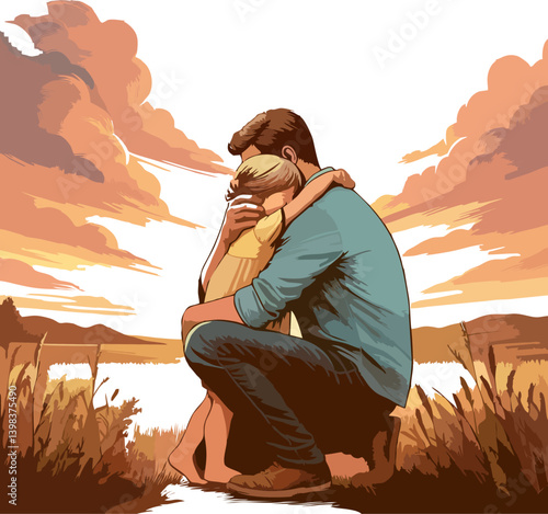 Prodigal Son EmotiA touching illustration of the Prodigal Son, showing a father hugging his crying child in a warm sunset field. Symbol of forgiveness, love, and emotional reunion.onal Reunio...