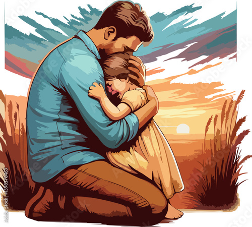Prodigal Son EA touching illustration of the Prodigal Son, showing a father hugging his crying child in a warm sunset field. Symbol of forgiveness, love, and emotional reunion.motional Reunio...
