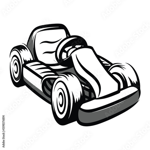 Classic black and white illustration of a retro children's pedal car for playtime