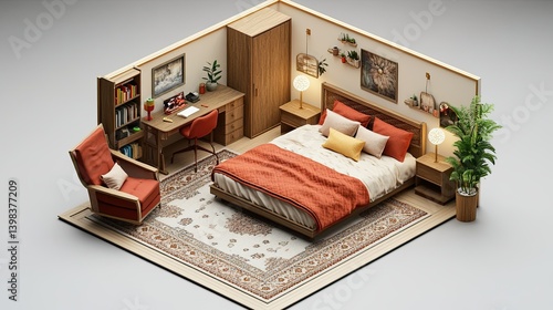 A 3D isometric view of a bedroom with a bed, desk, chair, bookcase, and a rug.