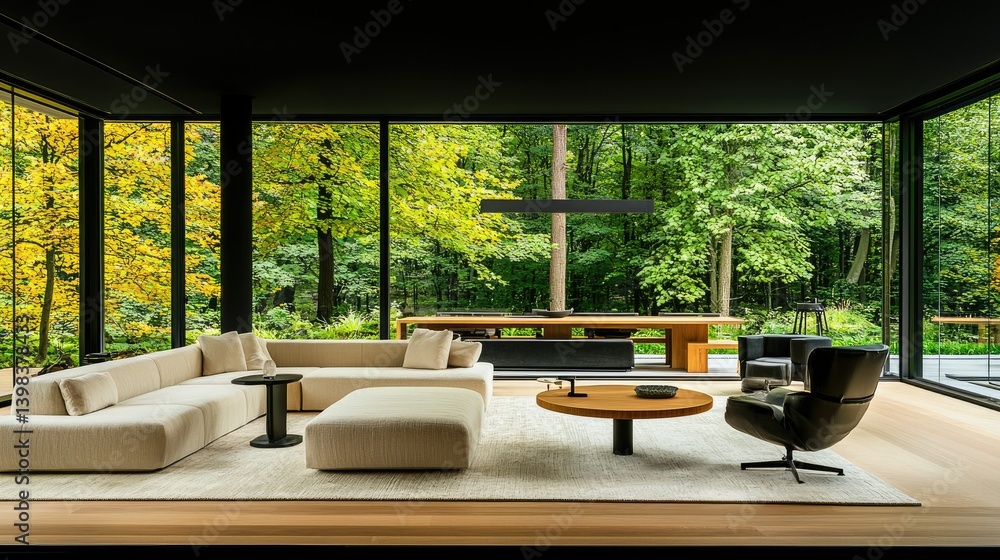 Fototapeta premium Modern living room with expansive windows and beautiful forest view