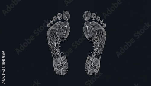 Footprints Wireframe on Dark Background Barefoot Impression