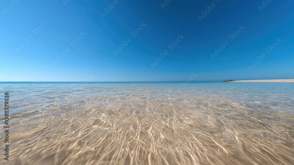 Calm clear ocean water gently laps against the sandy shoreline