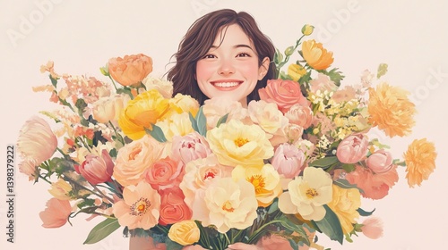 Cheerful Brunette Woman Holding a Lush Bouquet of Pastel Flowers on a Soft Cream Background