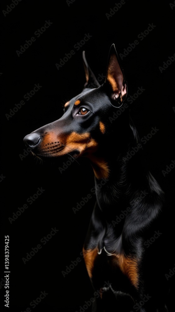 Well-groomed purebred Doberman dog in profile on black background, low key photo Well-groomed purebred Doberman dog in profile on black background, low key photo