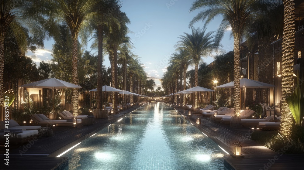 Naklejka premium Tranquil Resort Poolside Oasis at Dusk