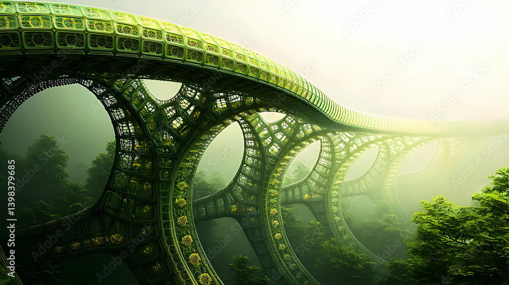Naklejka premium Glowing Green Fantasy Bridge Through Lush Forest