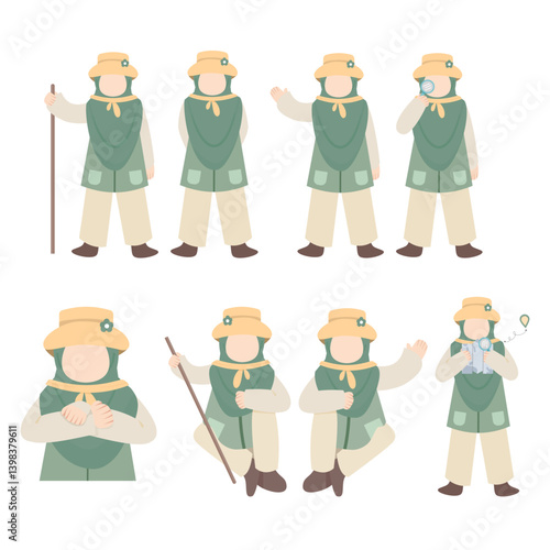 Faceless Explorer: Muslim Hijab Adventurer, Various Poses, Green Vest, Safari Hat, Cartoon Style.