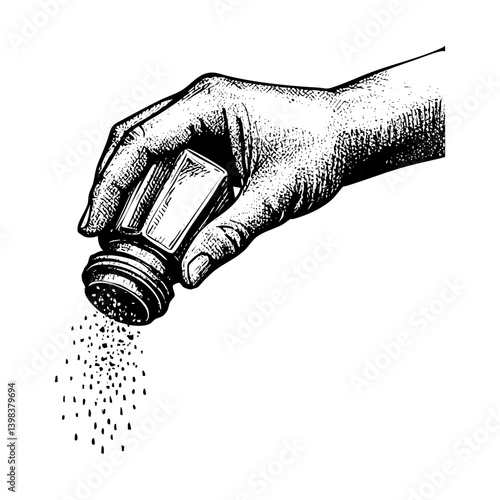 Hand pouring salt engraving black and white outline. Scratch board imitation.