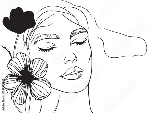 Black hair beauty of a woman's face with flowers, 