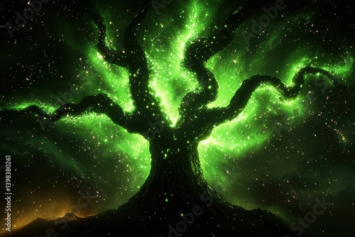 A mystical tree with swirling green lights and starry background, evoking a sense of magic and wonder in a cosmic landscape.