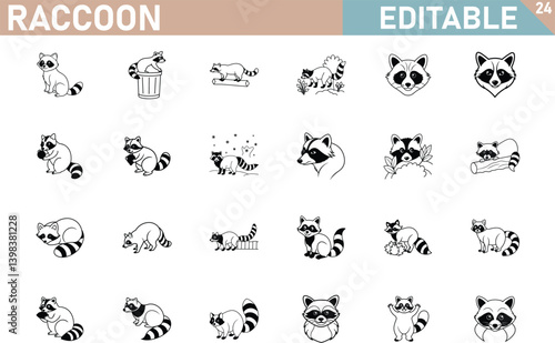 Raccoon Vector Illustration Set Black And White Line Art Icon Collection