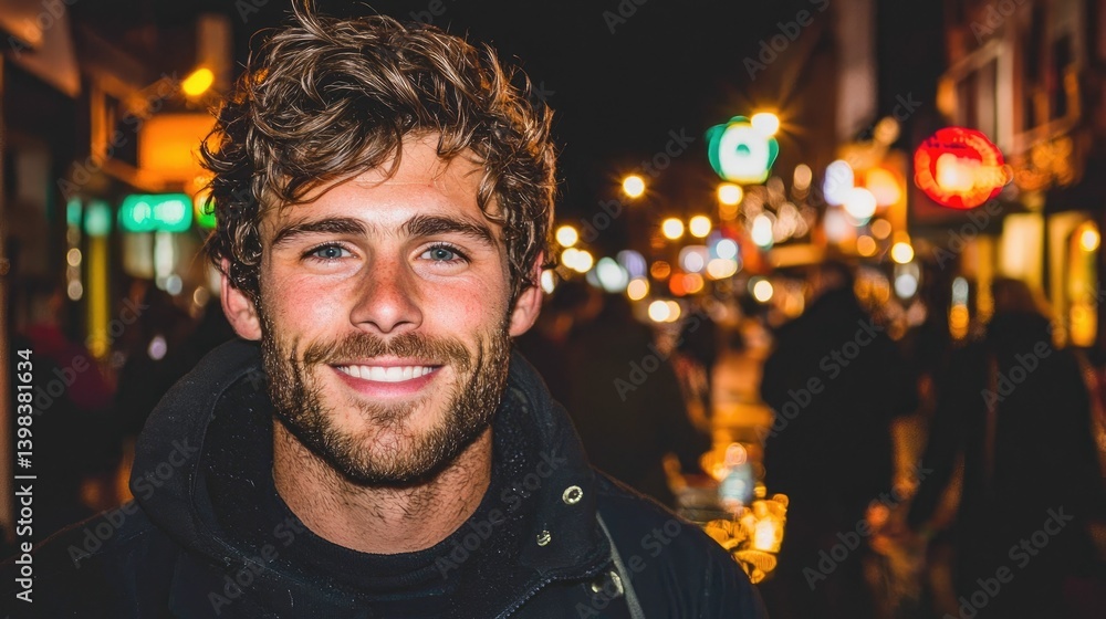 Smiling young man with curly hair in an outdoor setting