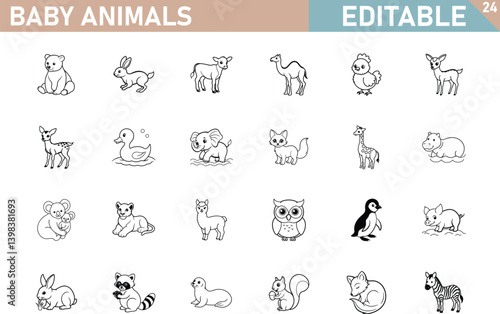 Cute Baby Animals Line Art Collection For Coloring Books And Illustrations