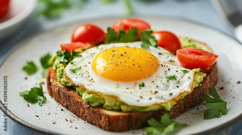 A fried egg on avocado toast with tomatoes and parsley. A fried egg on avocado toast with tomatoes and parsley.