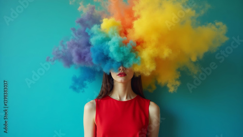 a woman's head shrouded in a cloud of colored smoke