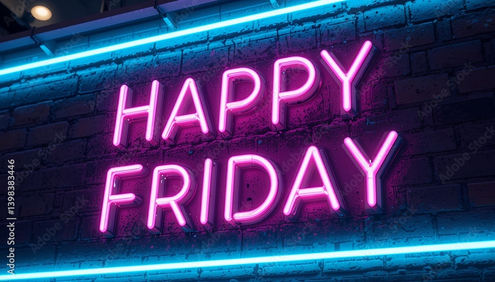 Obraz premium Happy Friday Glowing Neon Sign Against Brick Wall