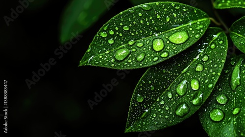 Beautiful green leaves covered in water droplets after rain