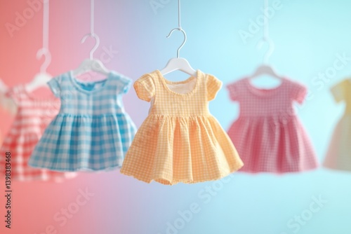 Minimal baby clothing hangers display tiny dresses and shirts floating against a vibrant dreamy background