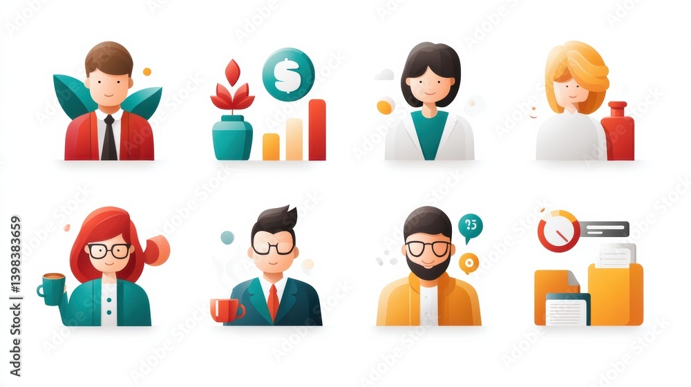 Business management icon set concept. Flat professional icon set representing core business elements Business management icon set concept. Flat professional icon set representing core business elements