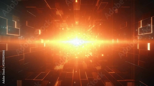 Abstract orange light tunnel glowing background with futuristic cyberpunk elements