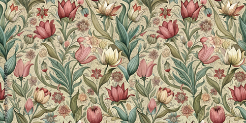 Vibrant floral pattern featuring various blooming flowers and greenery.