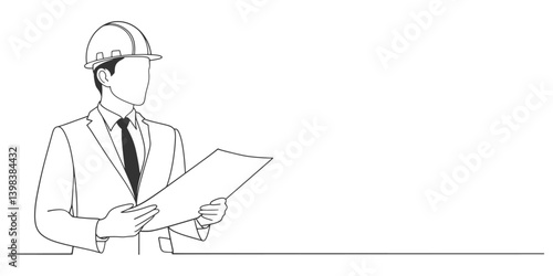 Architect, Building Construction worker line art style vector illustration