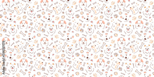 Seamless pattern with dogs, pet food, inscriptions. Vector illustration in doodle style, hand-drawn silhouettes. Contour print for textiles, packaging, and pet products.
