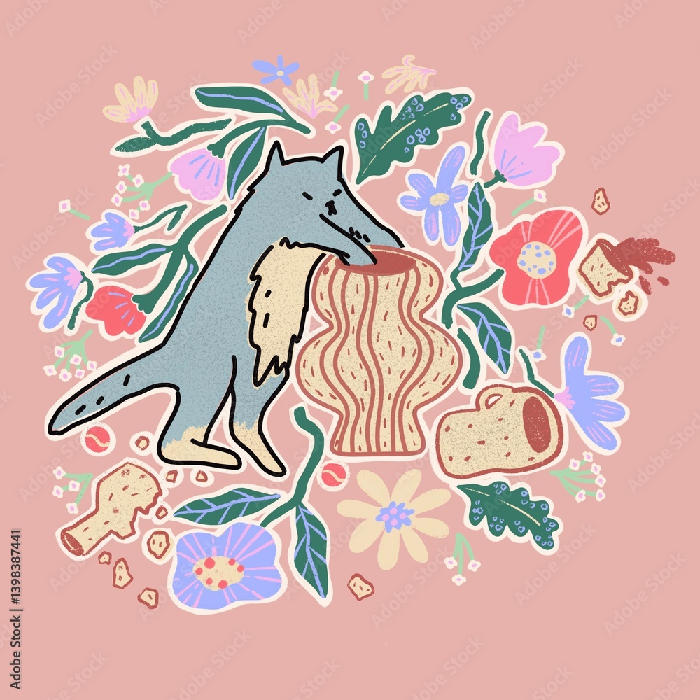Fototapeta premium Naughty Cat Ceramic Chaos | Playful Design for T-Shirts , Flower, Ceramic, Pottery.