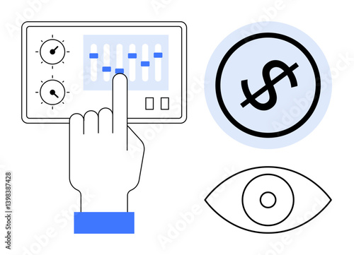 Hand operating control panel with sliders, dollar icon symbolizing finance, and eye representing observation. Ideal for finance, analytics, monitoring, strategy, control planning innovation. Flat