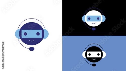 Cute AI Robot Mascot Logo Design – Headset Bot Icon in Light & Dark Modes