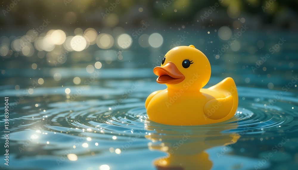Yellow Rubber Duck Floating on Water with Bokeh Background Yellow Rubber Duck Floating on Water with Bokeh Background