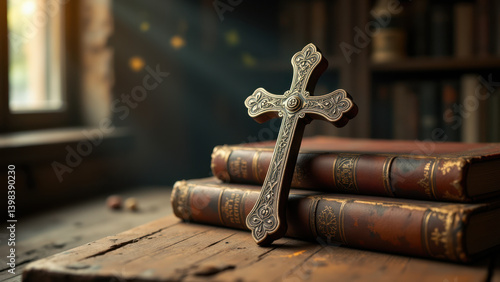 A vintage setting with an open book revealing a cross, symbolizing faith and knowledge within religious studies or theology.